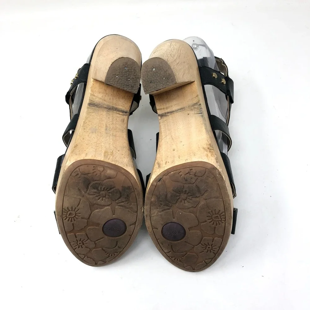 VTG Wooden Sandals Me Too‎ Womens 8.5M Ebony Leather Black Wood Heel Buckle